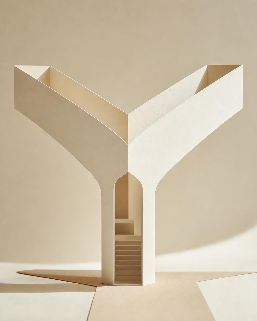 Minimalist Y-shaped paper architecture model in warm studio light