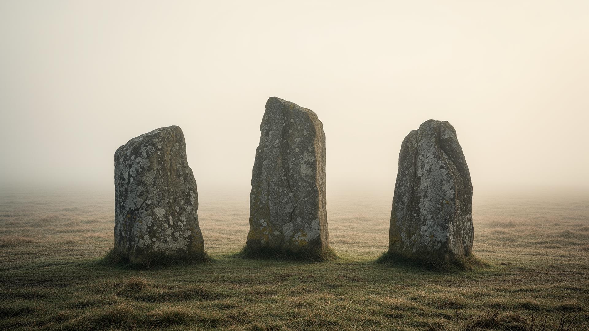 Three weathered standing stones in soft morning fog