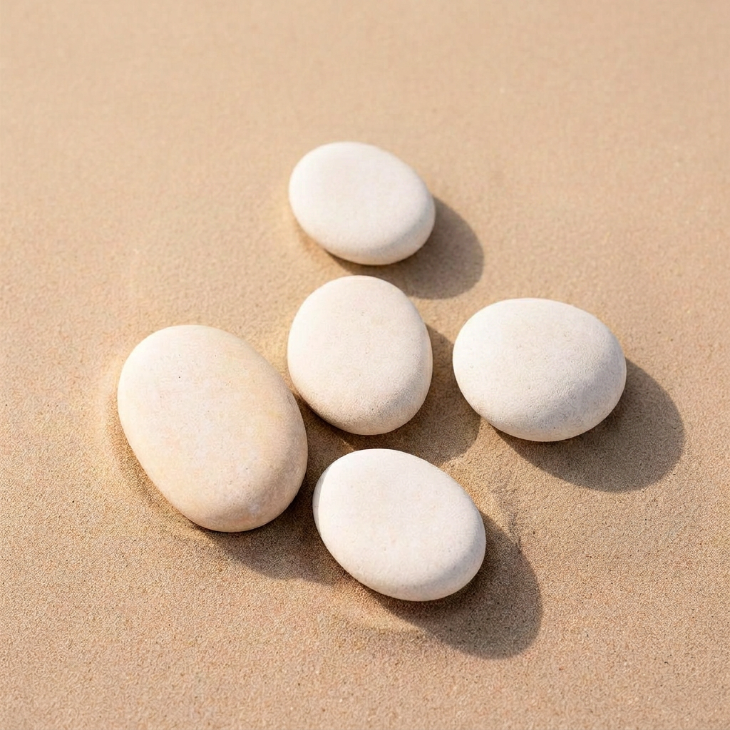Smooth pale river stones arranged in a quiet composition on sand