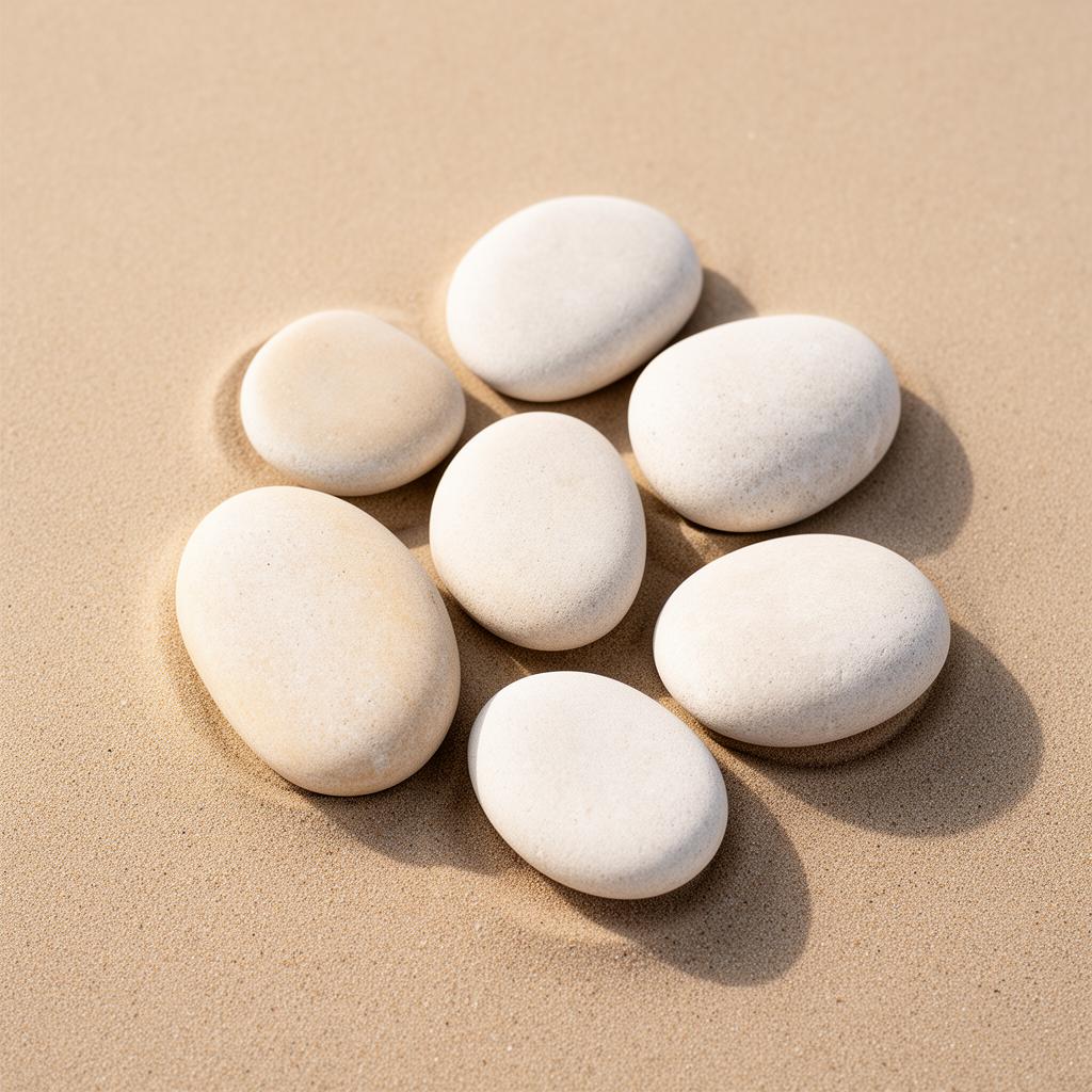 Smooth pale river stones arranged in a quiet composition on sand